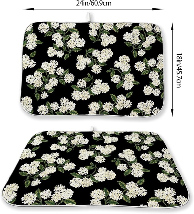 Black Hydrangea Dish Drying Mats 18x24 Inch Mats Spring Beige Green Floral - Image 2