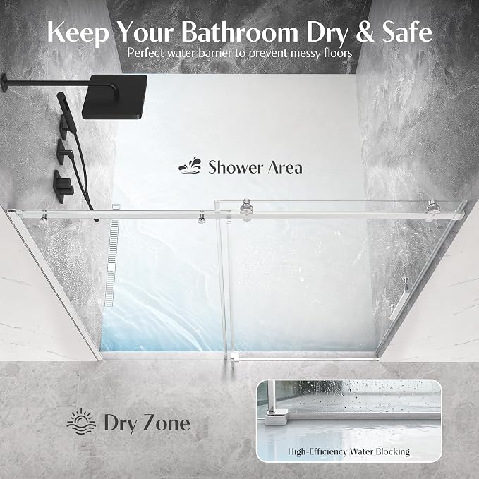 Frameless Sliding Shower Door 56-60" W x 72" H, 5/16" Heavy Duty Tempered Glass - Image 4