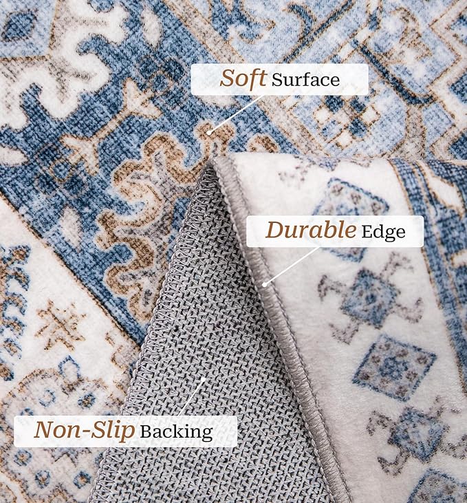 zesthome 2x3 Entryway Rug, Soft Washable Rugs, Non Slip Area Rug, Stain Resistant Low Pile Rugs for Bedroom, Vintage Rug for Door Mat, Kitchen (Blue/Beige,2'x3')