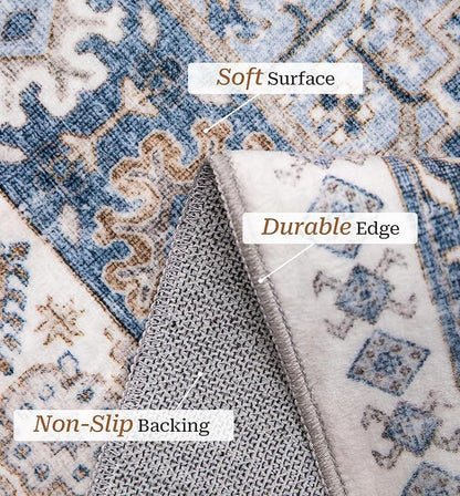 zesthome 2x3 Entryway Rug, Soft Washable Rugs, Non Slip Area Rug, Stain Resistant Low Pile Rugs for Bedroom, Vintage Rug for Door Mat, Kitchen (Blue/Beige,2'x3')