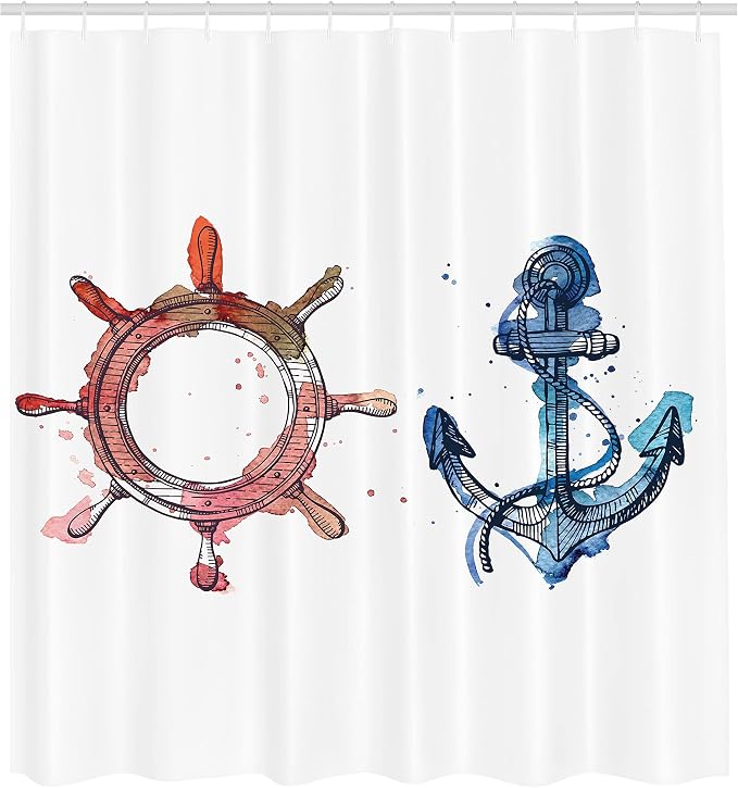 Ambesonne Nautical Shower Curtain, Illustration of an Anchor and Steering Wheel - Image 2