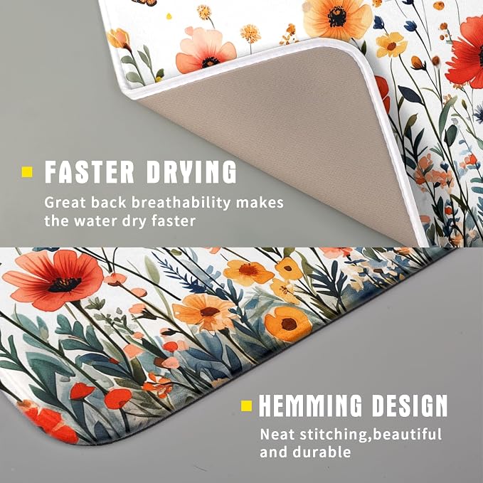Poppy Flower Dish Drying Mat 16x18 Inch Floral Leaves Dish Drainer Protector - Image 3