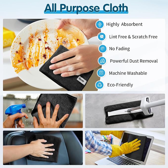FIXSMITH Black Microfiber Cleaning Cloth -Pack of 8, Highly Absorbent Cleaning - Image 4