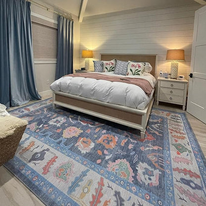Fame Rugs Blue Modern Oushak Rug 6x9, Vintage Turkish Colorful Oriental Antique Inspired Washable Large Area Rugs, Luxury Living Room Bedroom (387BNB, 6' x 9')