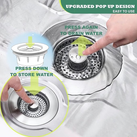 Sink Drain Strainer 3 in 1, 304 Stainless Steel Pop Up Sink Stopper, - Image 2