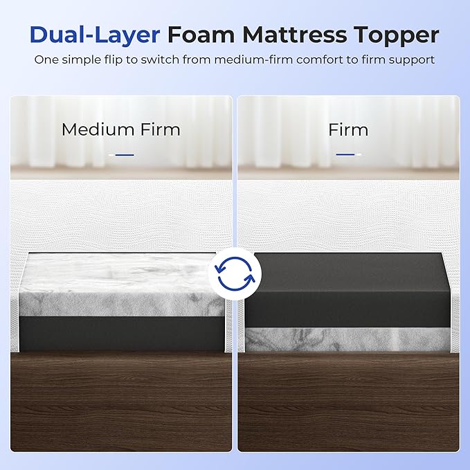 Firm Cooling Mattress Topper Queen Size 3 Inch, Cooling Gel & Bamboo Charcoal Memory Foam Mattress Topper for Back Pain Relief, Dual-Layer Foam Bed Pad with Removable Cover