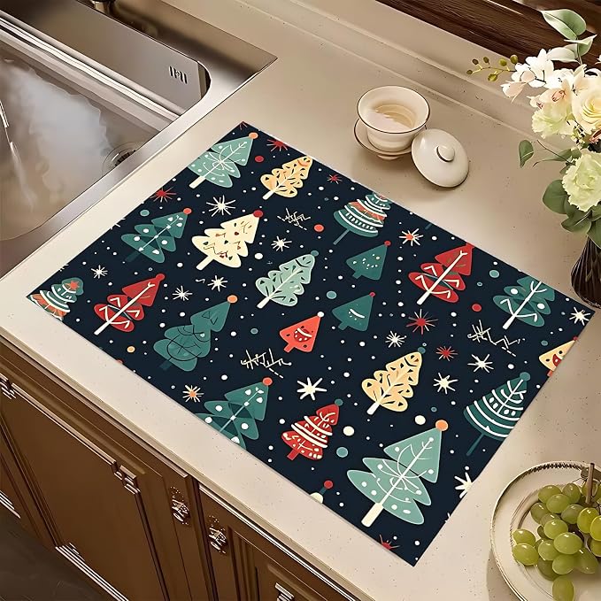 Cute Christmas trees Dish Drying Mat 18x24 inches Microfiber Absorbent Fast Dry - Image 5