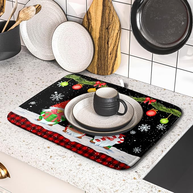 Merry Christmas Dish Drying Mat Black Gnomes Dish Drainer Mats 16x18 Inch - Image 5