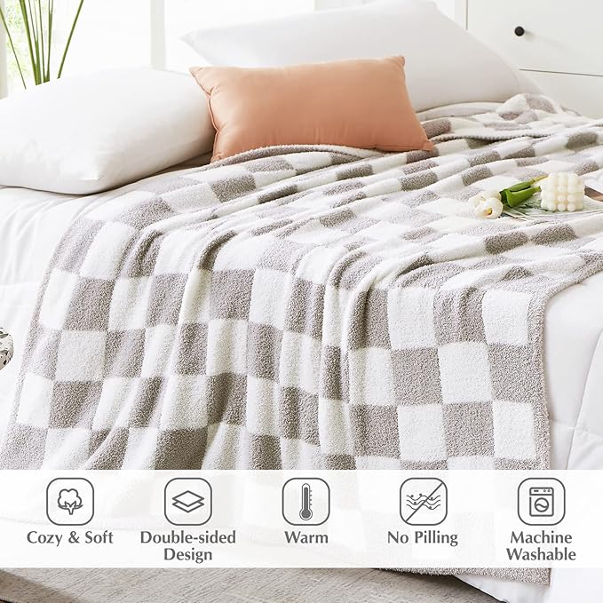 WRENSONGE Checkered Throw Blanket, Light Grey Soft Cozy Fluffy Warm Hand Made Throw Blankets for Couch, Sofa, Chair, Bed, Camping, Picnic, Travel Lightweight Bed Blanket - 50"*70"