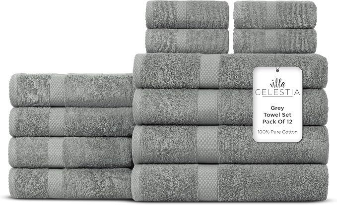 100% Cotton Bath Towel Set of 12-4 Bath Towels, 4 Hand Towels, 4 Wash Cloths by VillaCelestia