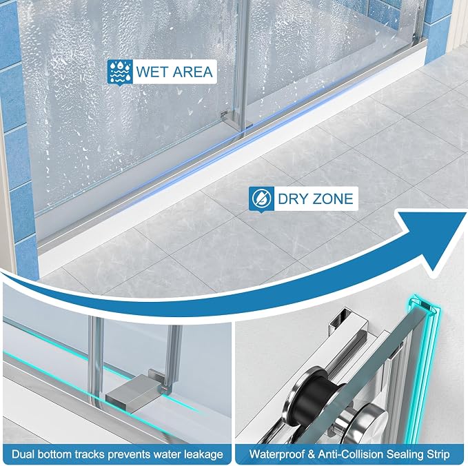 Frameless Shower Door, 56-60" W x 72" H Double Sliding Shower Doors, 1/4" Thick - Image 5