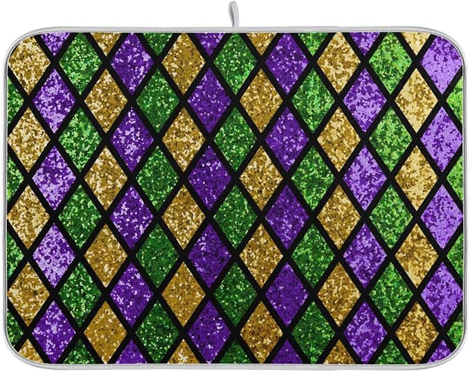 Mardi Gras Dish Drying Mat for Kitchen Gold Purple Green Buffalo Plaid by Wamika