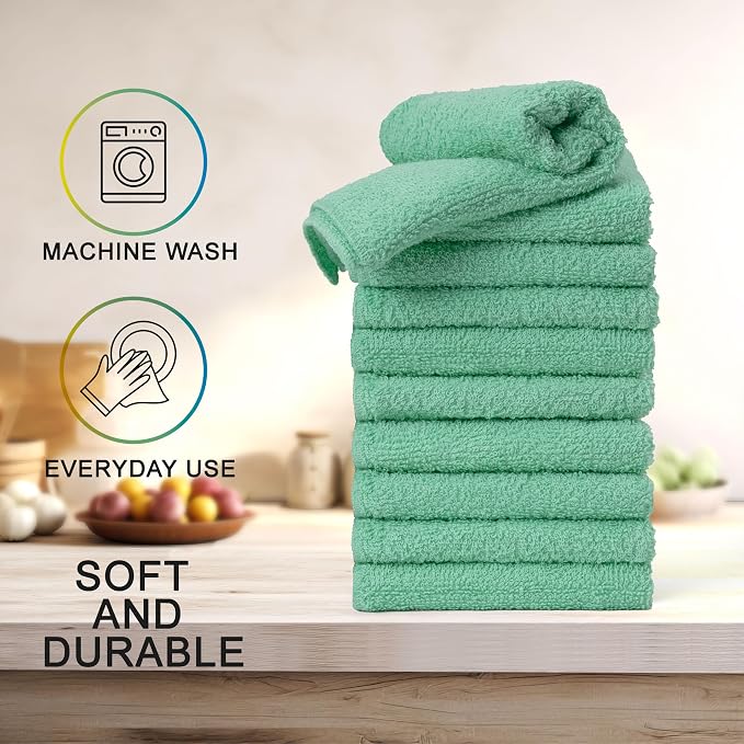 Textila Terry Wash Cloths – Pack of 10, Aqua Green, 12x12 Inches – Soft - Image 3