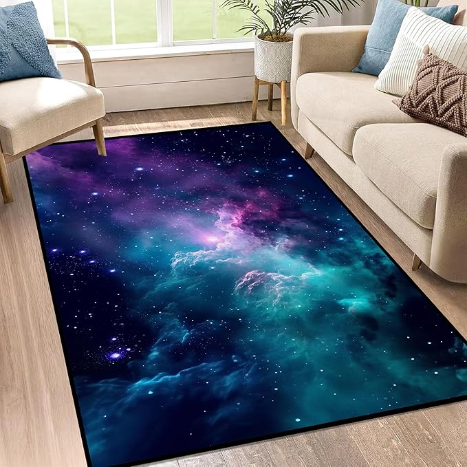 Galaxy Area Rug Dark Blue Outer Space Starry Sky Carpets for Kids Bedroom Living Room Glitter Throw Rugs Floor Mat, 31" X 63",Dark Blue