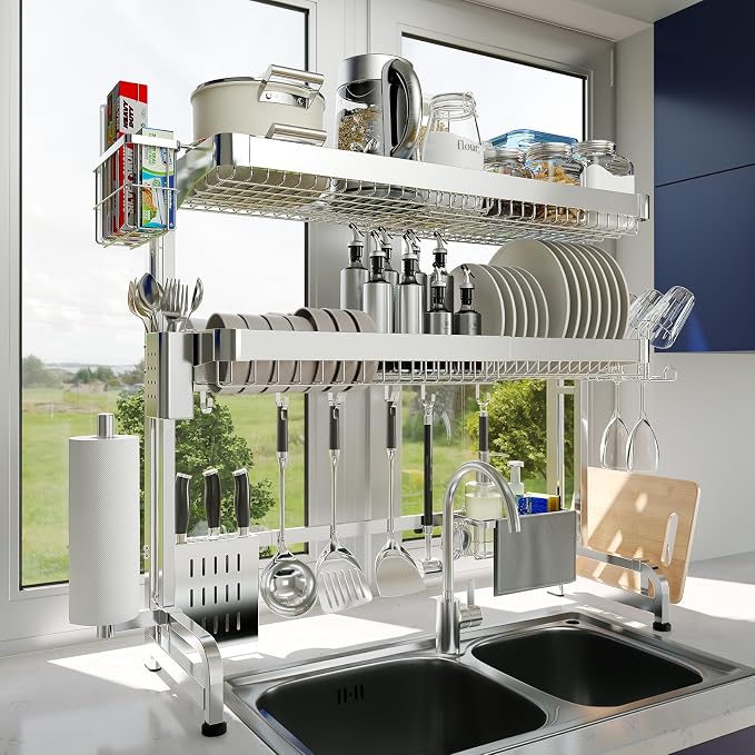 Over The Sink Dish Drying Rack, 3 Tier Adjustable Length Full Stainless Steel - Image 7