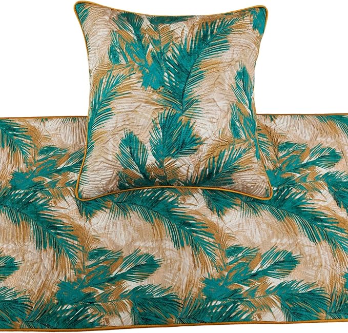 The HomeCentric King/Queen/Twin Green Decorative CA King 86"x18" Bed Runner with 2 Pillow Cover, Plam Leaves & Quilted Bed Scarf on Satin Fabric - Palms