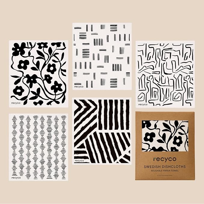 RECYCO Swedish Dishcloths for Kitchen | 5 Pack Black & White Geo Washable Dish - Image 8