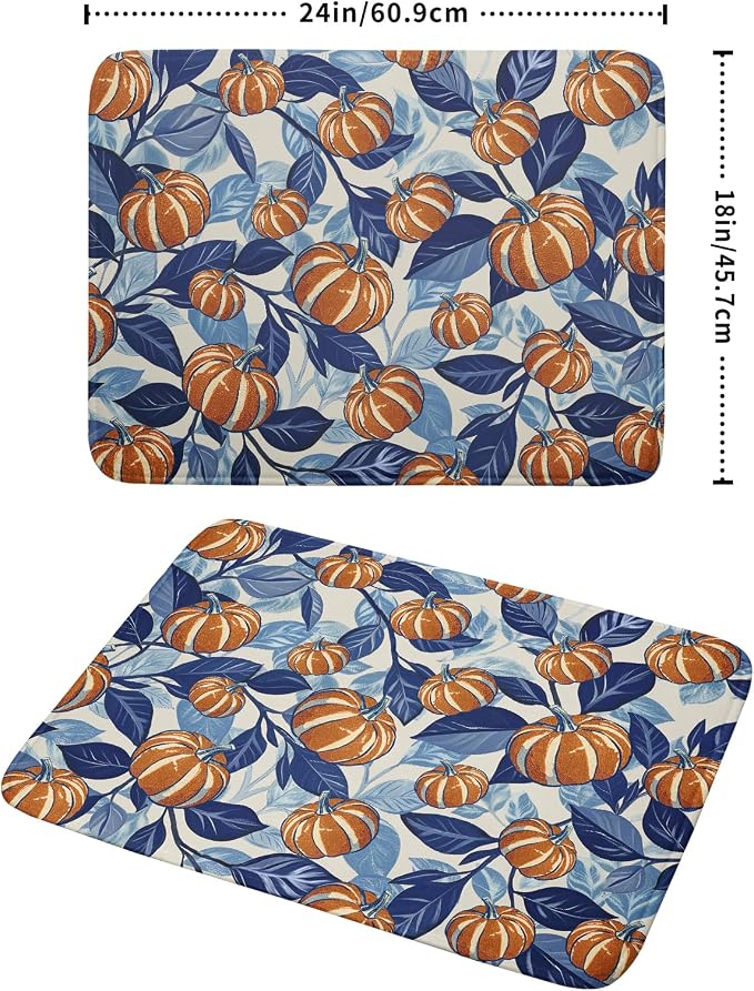 Blue Burnt Orange Fall Thanksgiving Pumpkin Dish Drying Mat - Image 2
