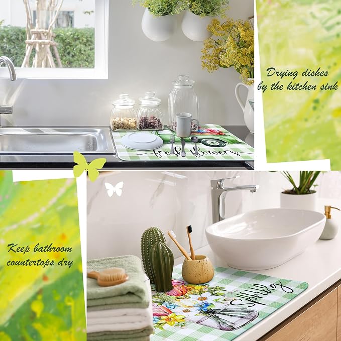 2 Pcs Dish Drying Mat for Kitchen, Spring Floral Absorbent Microfiber Dish Mat - Image 6