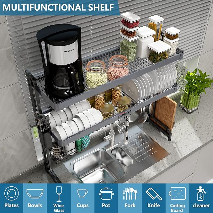 Over Sink Dish Drying Rack, 3 Tier Adjustable Length Stainless Steel Large - Image 4