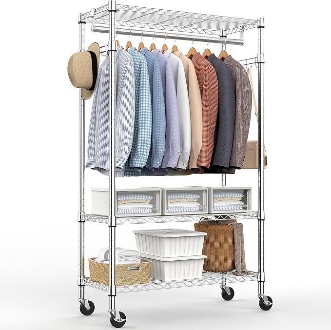 Heavy Duty Rolling Garment Rack 3 Tiers Adjustable Wire Shelving Clothes Rack by MEIGAOPLASTICANDMETALHKCOLIMITED
