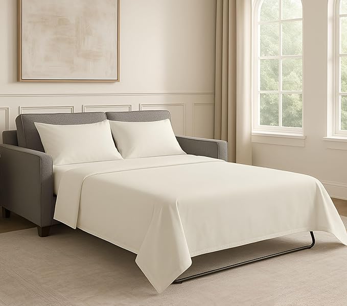 Sleeper Sofa Bed Sheet Set - Queen Size 4 PC's Sheet Set Sofa Bed Sheets - 100% Cotton 400 Thread Count Sofa Sheets - Sleeper Sofa Sheets - Fits Mattresses Up to 6" Drop - Ivory