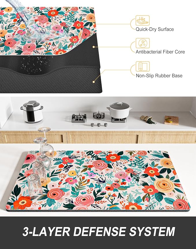 Rnivvi Dish Drying Mat for Kitchen Counter, 12 x 19" Cute Flower Super - Image 4