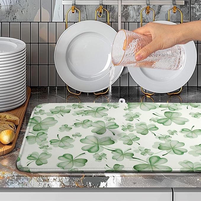 Green Clover Kitchen Drying Mat St Patrick's Day Lucky Shamrock Dish Drying - Image 5