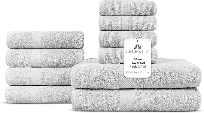 100% Cotton Bath Towel Set of 10-2 Bath Towels, 4 Hand Towels, 4 Wash Cloths by VillaCelestia