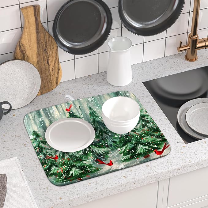 Winter Pine Tree Dish Drying Mat Red Bird Berry Dishes Drainer Mats Absorbent - Image 6