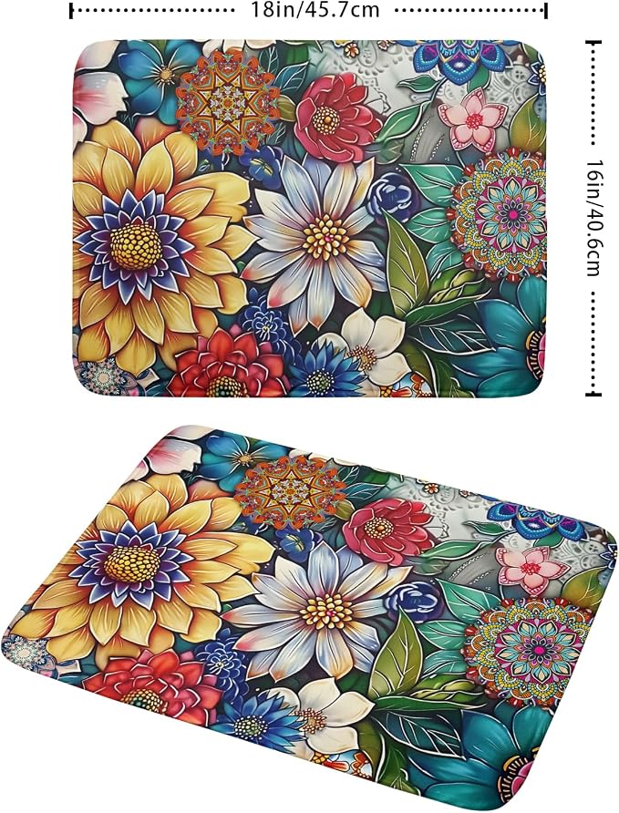 Boho Floral Dish Drying Mat for Kitchen Counter 16x18 Inch Boho Blooming Flower - Image 2