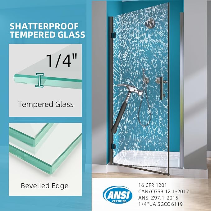 GETPRO Frameless Shower Door Pivot 34 in.W x 72 in.H Swing Single Small Shower - Image 9