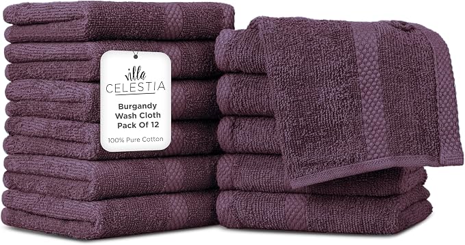 100% Cotton Wash Cloth for face & Body Set of 12, Sustainable, Highly Absorbent by VillaCelestia
