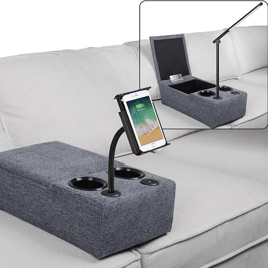 Removable Sofa Armrest, Dual Cup Holders Large Size Multifunctional Couch Caddy Storage Arm Rest with Power Wireless Charging Stand & LED Reading Light for Sofa Middle Seat Adjustable