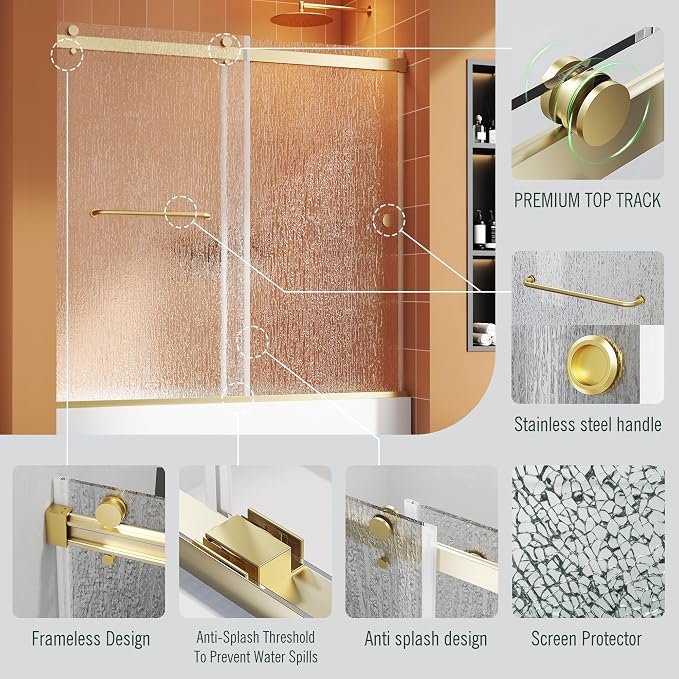 Bathtub Sliding Door 60" W x 56" H, Tub Shower Door, Frameless Bypass Double - Image 3