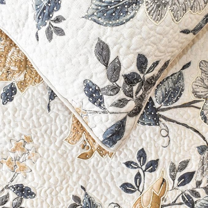 The HomeCentric King/Queen/Twin Blue & Ivory Designer King 90"x18" Bed Runner with 2 Pillow Cover, Bird, Pearl & Quilted Bed Scarf on Linen Fabric - Vintage Birdena