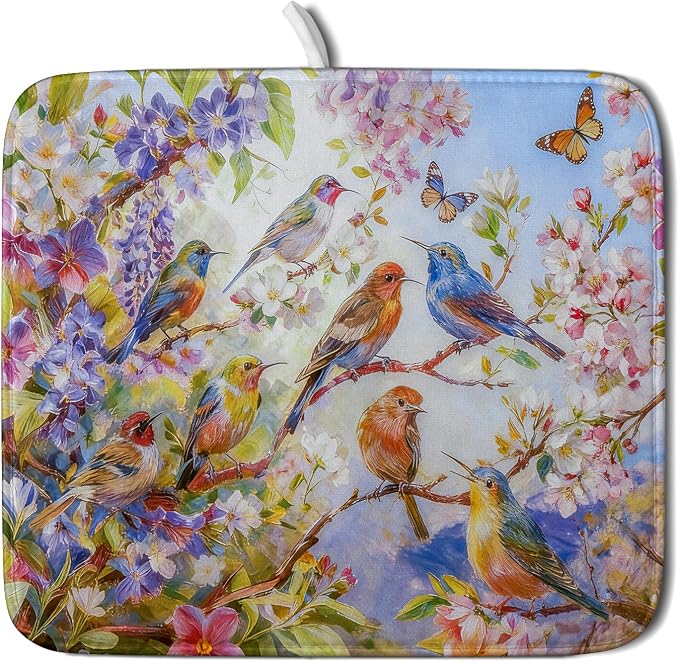 Spring Bird Dish Drying Mats for Kitchen Counter Floral Small Dish Drying Pad by Giwawa