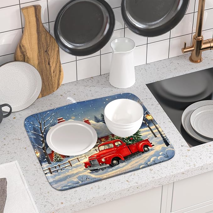 Christmas Dish Drying Mat for Kitchen Counter 16x18 Red Truck Winter Xmas Snow - Image 6