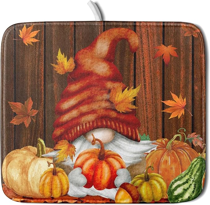 Fall Gnome Dish Drying Mat for Kitchen Counter, Autumn Pumpkin Maple Leaves by Sweetshow