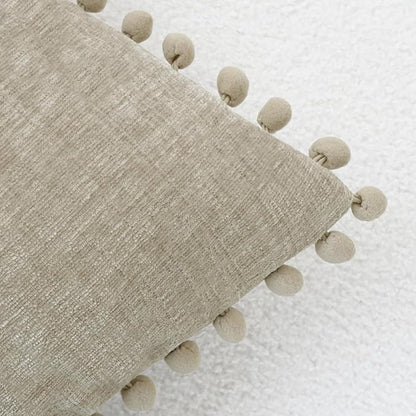 CaliTime Throw Pillow Covers Decorative 16 X 16 Inches Pack of 2 Cozy Solid Dyed Soft Chenille Cushion Cases with Pom Poms for Couch Sofa Bed Living Room Home Taupe
