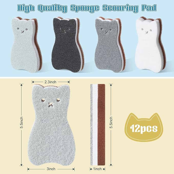 12 Pcs Cat Kitchen Sponges for Dishes Double Sided Cleaning Dish Scrub Sponge - Image 2