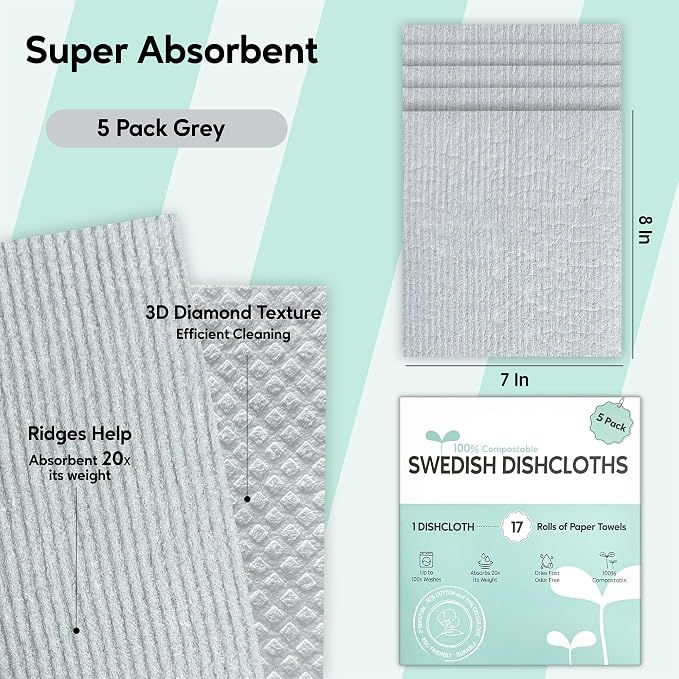 Swedish Dishcloths for Kitchen, 5 Pack Swedish Dish Cloths, Ultra Absorbent - Image 2