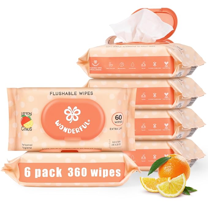 WONDERFUL Flushable Wipes, Lemon Citrus 100% Plant-Based Wet Butt Wipe by WONDERFUL-Wipes