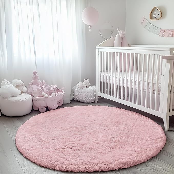 ONASAR Light Pink Round Area Rugs 6ft for Bedroom Living Room, Washable Fluffy Circle Rug for Kids Girls Boys Teen, Soft Plush Shaggy Carpet for Nursery Dorm Classroom Playroom Home Decor Aesthetic