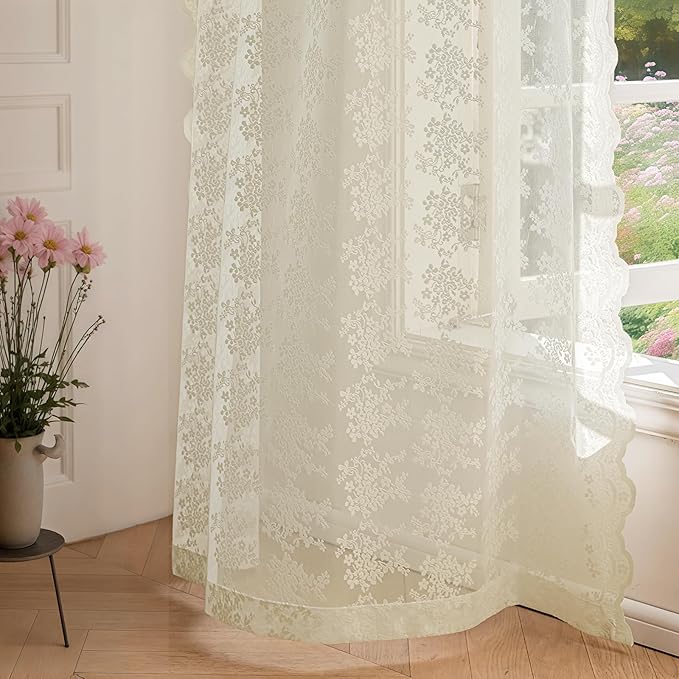 Anmao Vintage Lace Curtains 72 Inches Long 2 Panels Set, Romantic Elegant Light Filtering Semi Sheer Floral Thick Lacy Curtain Drapes for Living Room and Bedroom, Each Panel 55W x 72L, Ivory