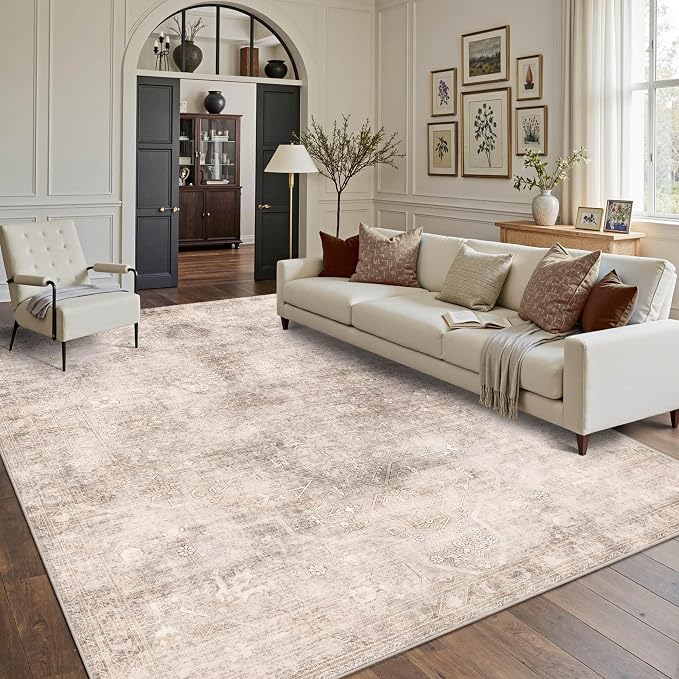 Vintage 8x10 Beige Brown Rug for Living Room, Washable Large Neutral Area Rugs by OHWPEAT
