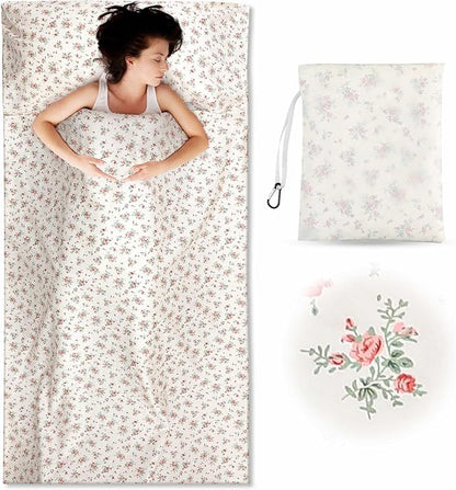 Sleeping Bag Liner 100% Cotton for Women Adult, 86 x 41 Pastoral Floral Cotton Sheet & Camping Sheet for Backpacking, Hotel, Traveling, Comfy Easy Care, Sleeping Bags with Zipper, with Storage Bag