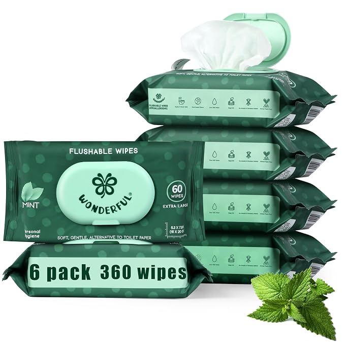 WONDERFUL Flushable Wipes, Mint 100% Plant-Based Wet Butt Wipe by WONDERFUL-Wipes