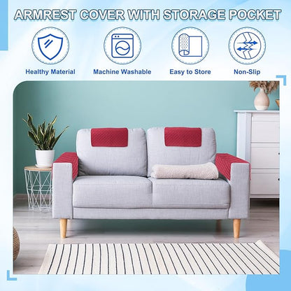 uxcell 3 PCS Armrest Covers, Couch Arm Cover Furniture Protect Slide Recliner Chair Armchair Covers with Side Storage Pocket for Sofa Recliner, Army Green