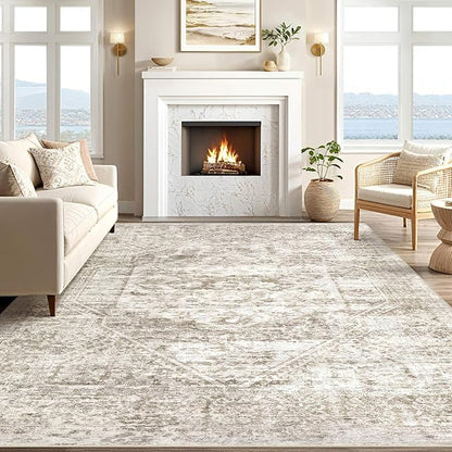 Vintage Living Room Area Rug 8x10 - Large Soft Washable Oriental Traditional Distressed Farmhouse Rugs for Bedroom - Indoor Floor Accent Carpet for Home Office House Decor - Distressed Light Brown